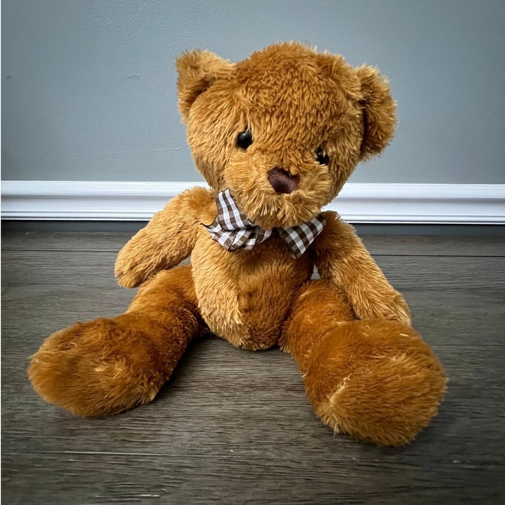Burton + Burton Brown Teddy Bear Plush Gingham Checkered‎ Bow Tie